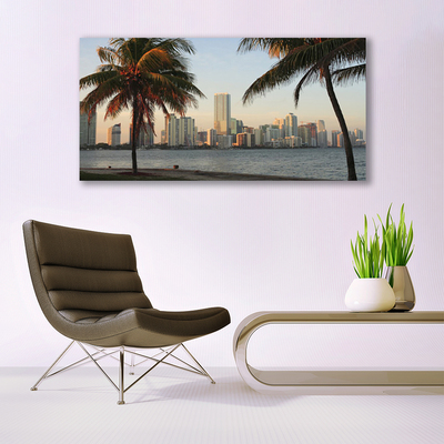 Canvas Wall art City palm trees houses brown green grey