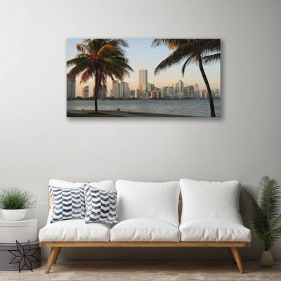 Canvas Wall art City palm trees houses brown green grey