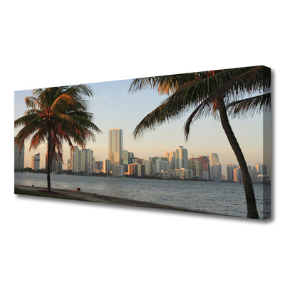 Canvas Wall art City palm trees houses brown green grey