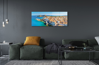 Glass print Town on the coast of greece sea