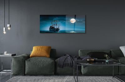 Glass print Moon sea ship town