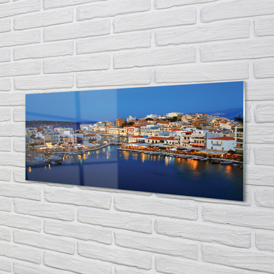 Glass print Greece coastal city at night