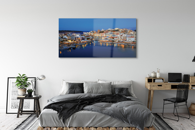 Glass print Greece coastal city at night