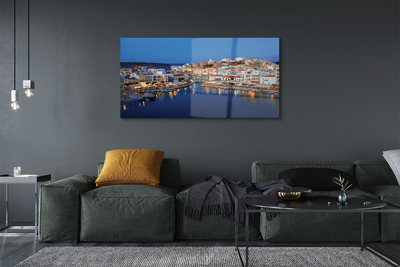 Glass print Greece coastal city at night