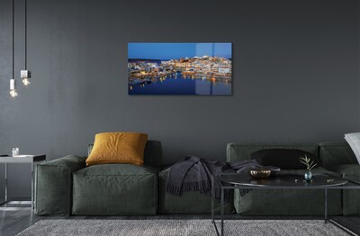 Glass print Greece coastal city at night