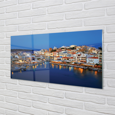 Glass print Greece coastal city at night