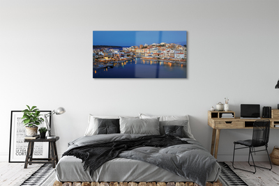 Glass print Greece coastal city at night