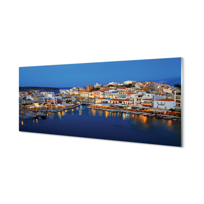 Glass print Greece coastal city at night