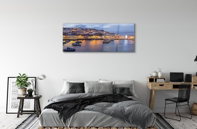 Glass print City night sea ship