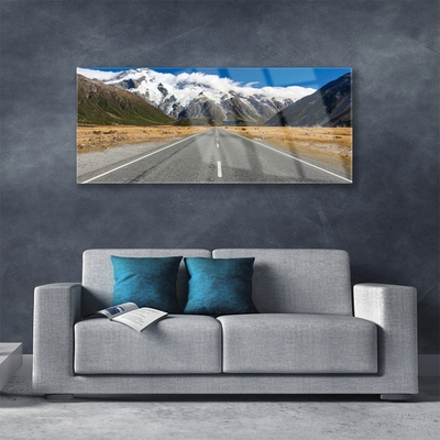 Glass Print Road mountains mountain snow landscape grey blue white brown