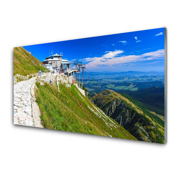 Glass Print Mountains path landscape blue green white