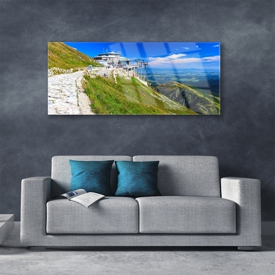 Glass Print Mountains path landscape blue green white