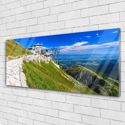 Glass Print Mountains path landscape blue green white