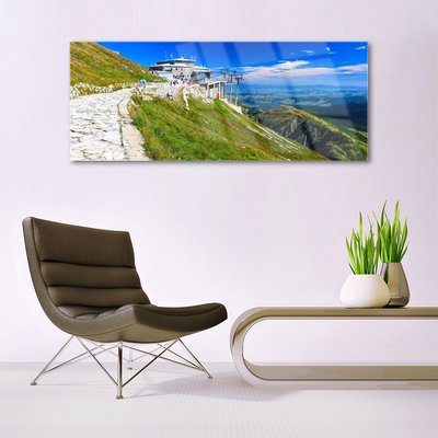 Glass Print Mountains path landscape blue green white