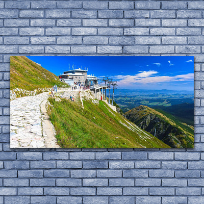 Glass Print Mountains path landscape blue green white