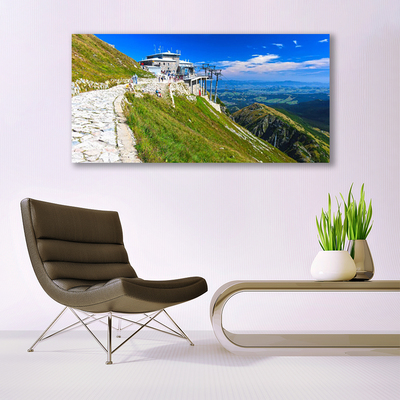 Glass Print Mountains path landscape blue green white