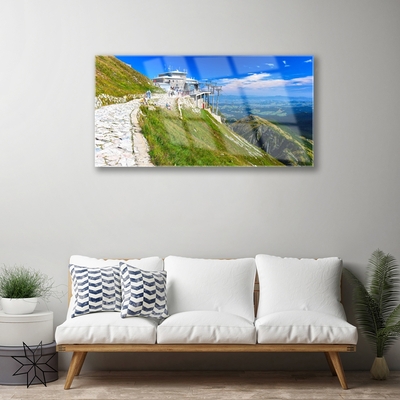 Glass Print Mountains path landscape blue green white