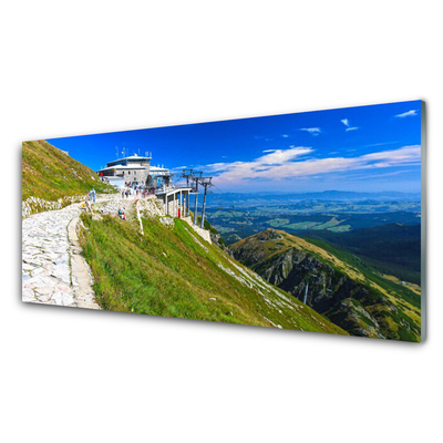 Glass Print Mountains path landscape blue green white