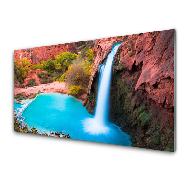 Glass Print Waterfall mountains nature blue green brown