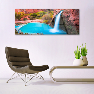 Glass Print Waterfall mountains nature blue green brown