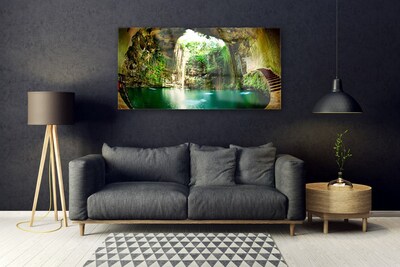 Glass Print Waterfall landscape green blue brown