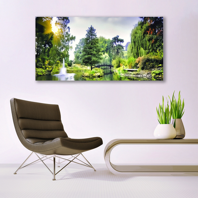 Glass Print Forest waterfall sun nature green yellow white