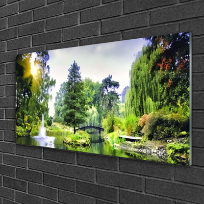 Glass Print Forest waterfall sun nature green yellow white