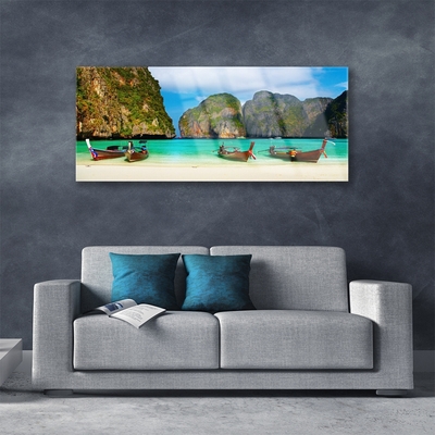 Glass Print Beach sea mountains landscape green grey blue