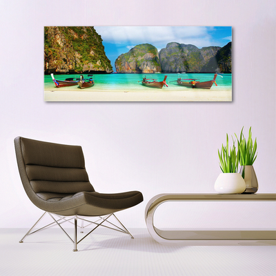 Glass Print Beach sea mountains landscape green grey blue