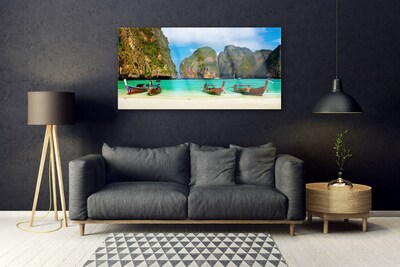 Glass Print Beach sea mountains landscape green grey blue