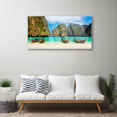 Glass Print Beach sea mountains landscape green grey blue