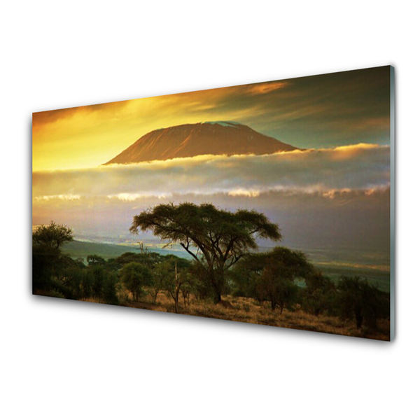 Glass Print Tree mountains nature green yellow brown