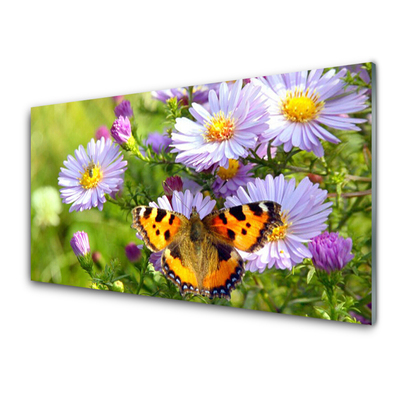 Glass Print Flowers butterfly nature orange purple yellow green