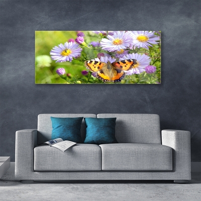 Glass Print Flowers butterfly nature orange purple yellow green