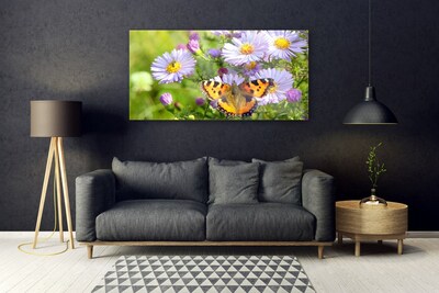 Glass Print Flowers butterfly nature orange purple yellow green