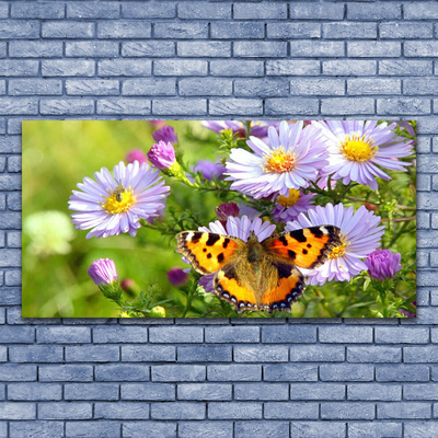 Glass Print Flowers butterfly nature orange purple yellow green