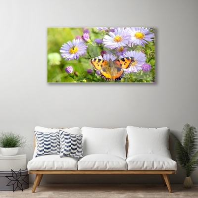 Glass Print Flowers butterfly nature orange purple yellow green