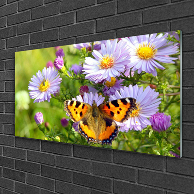 Glass Print Flowers butterfly nature orange purple yellow green