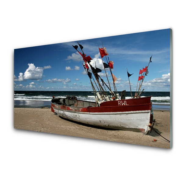Glass Print Sea beach boat landscape blue red white brown
