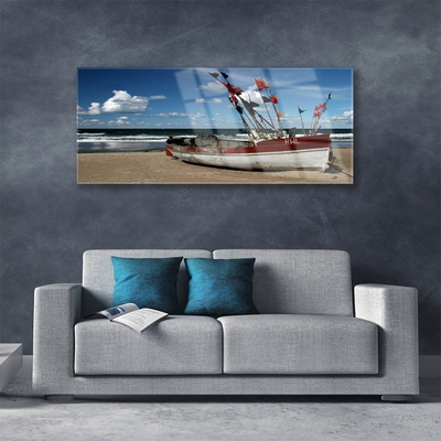 Glass Print Sea beach boat landscape blue red white brown