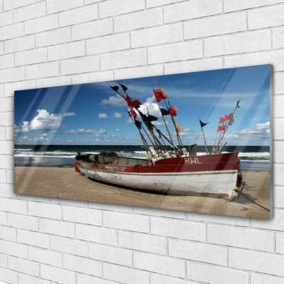 Glass Print Sea beach boat landscape blue red white brown