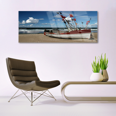 Glass Print Sea beach boat landscape blue red white brown