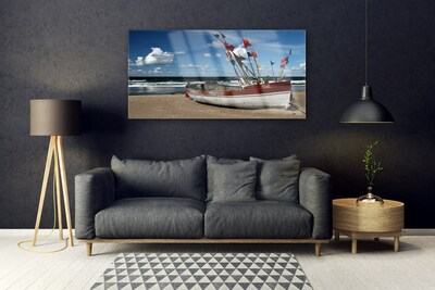 Glass Print Sea beach boat landscape blue red white brown