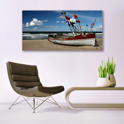 Glass Print Sea beach boat landscape blue red white brown