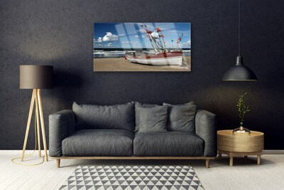 Glass Print Sea beach boat landscape blue red white brown