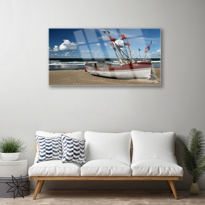 Glass Print Sea beach boat landscape blue red white brown