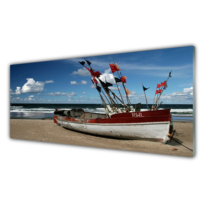 Glass Print Sea beach boat landscape blue red white brown