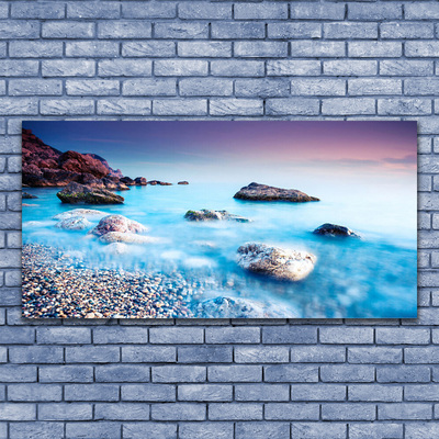 Glass Print Sea stones beach landscape blue grey pink