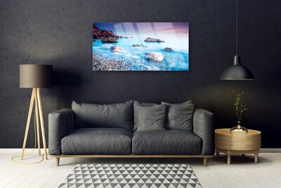 Glass Print Sea stones beach landscape blue grey pink