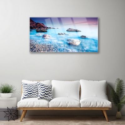 Glass Print Sea stones beach landscape blue grey pink